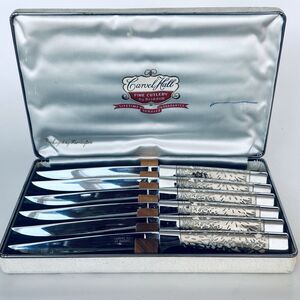 VTG Carvel Hall Steak Knives Briddell 6 PC Set Fine Cutlery Case Silver Overlay